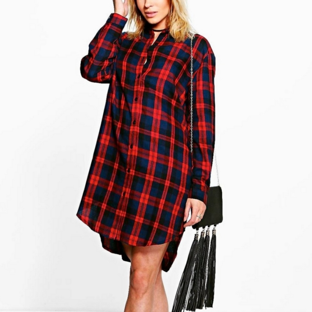 Dropped hem plaid button up dress